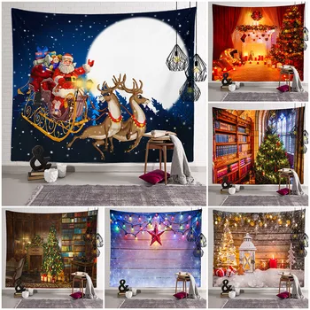 

Home Decor Christmas tree fireplace Elk sleigh Wall hanging Tapestry fabric living room background Yoga beach mat wall tapiz