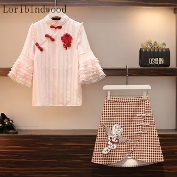 

Womens Embroidery Skirts and Tops 2 Pieces Set Elegant Flare Sleeve Pink Blouses Shirt+Plaid Mini Skirt Female Two Piece Outfits