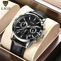 LIGE Men's Fashion Sports Quartz Waterproof Leather Watch (Silver black)