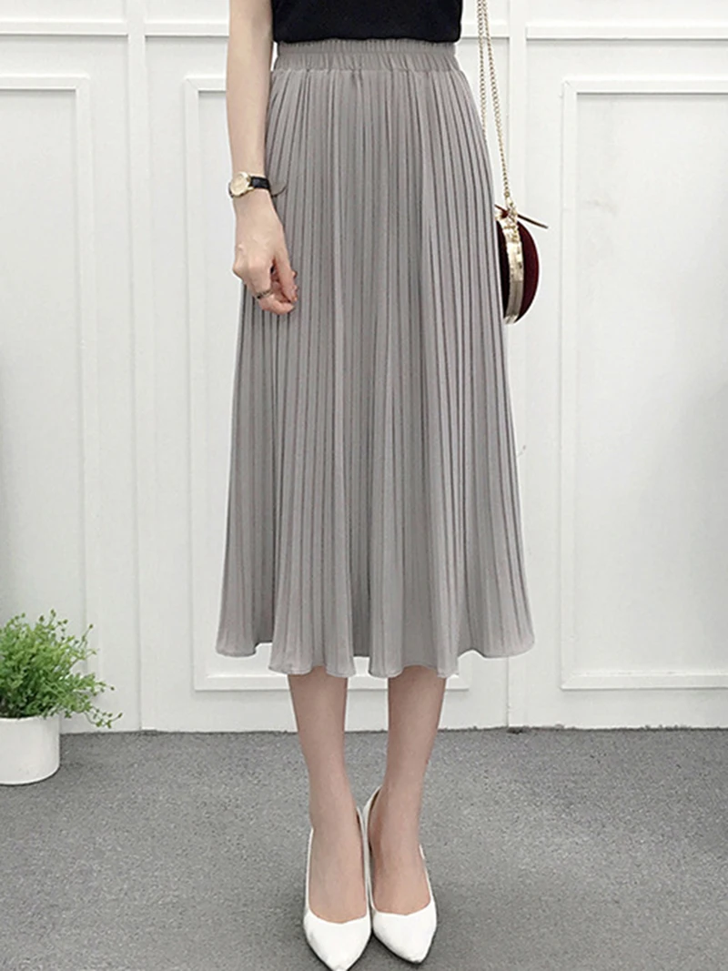 2020 Women pleated skirt high waist casual chiffon skirt female fashion cute spring summer elegant midi skirt women new DR1464 (8)