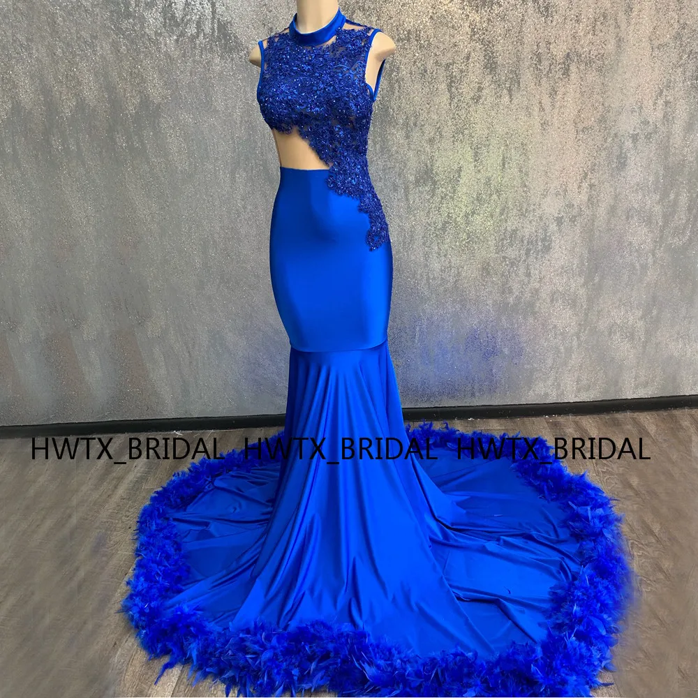2K19 перо Русалка вечернее платье Vestidos de fiesta de noche Королевский синий кружевное платье с высоким воротом в африканском стиле с цветочным принтом, вечернее платье