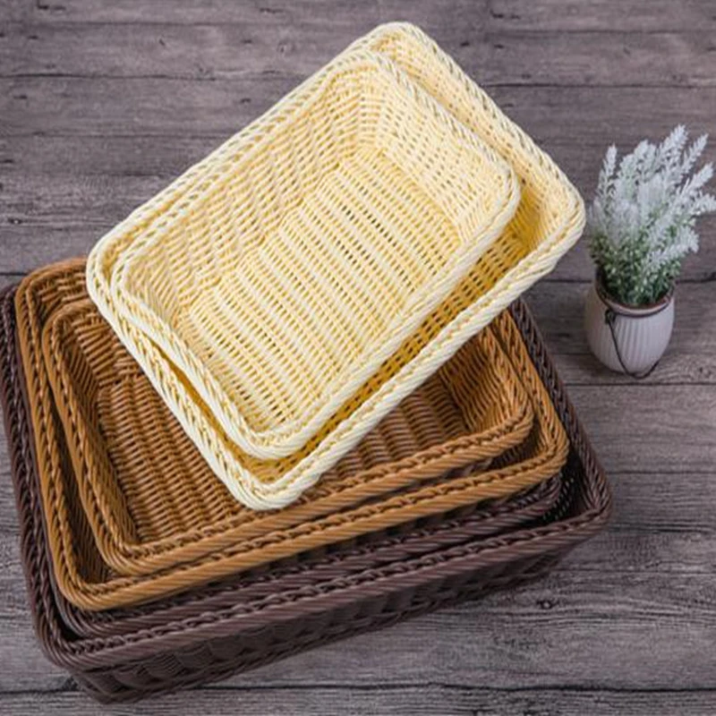 

PP Rattan Rectangular Basket Shopping Display Basket Woven Tabletop Food Fruit Vegetables Restaurant Serving Storage Basket