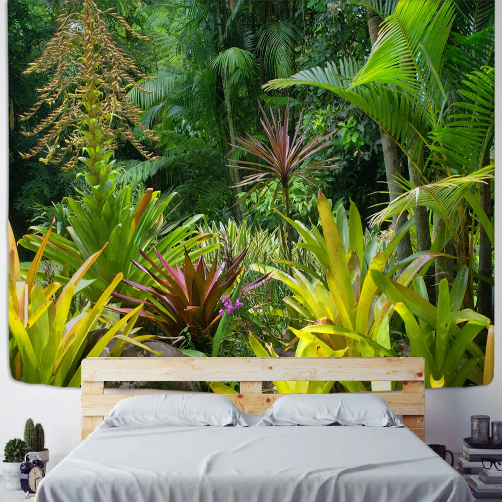 Tapiz de selva Tropical para colgar en la pared, decoración de dormitorio familiar, tela de poliéster, estampado artístico de plantas bohemias