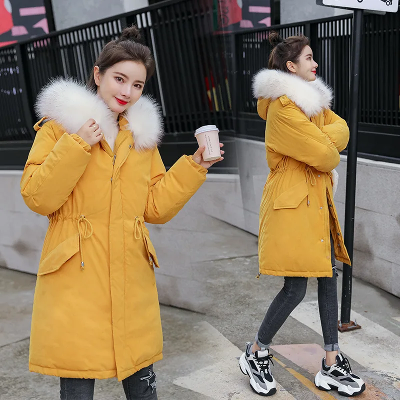 

Peach Skin Mid-length Cotton-padded Clothes Women's 2019 Winter New Style Korean-style Slim Fit Slimming Hooded Large Fur Collar