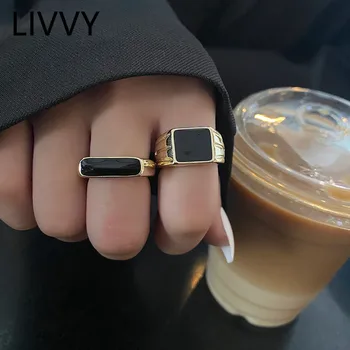 LIVVY-패션 빈티지 블랙 스퀘어 와이드 오픈 조절 링 여성용, 크리에이티브한 패션 기질 파티 주얼리 선물