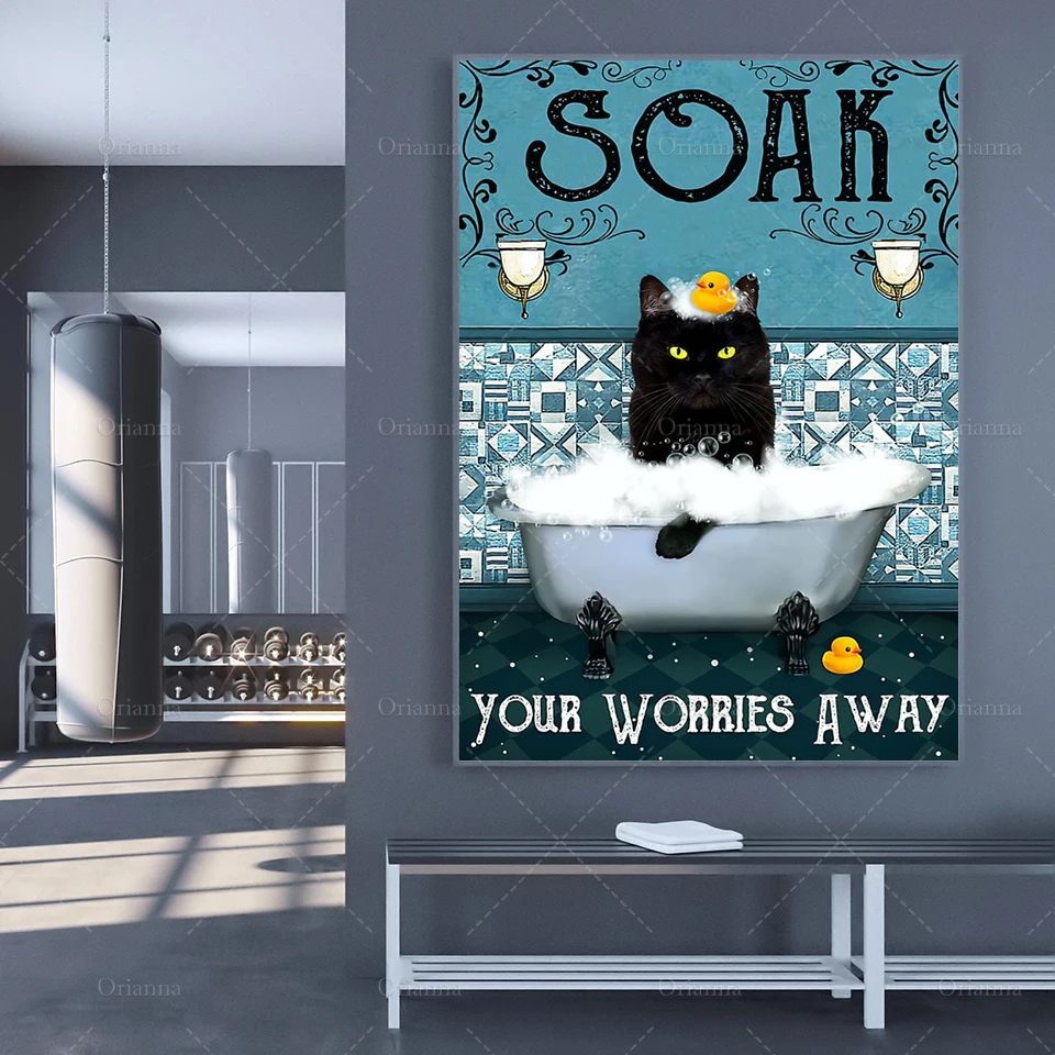 Funny Kitty Print Unframed Funny Bathroom Poster Soak Your Worries Away Poster Black Cat Cat Lover Gift Bathroom Wall Art
