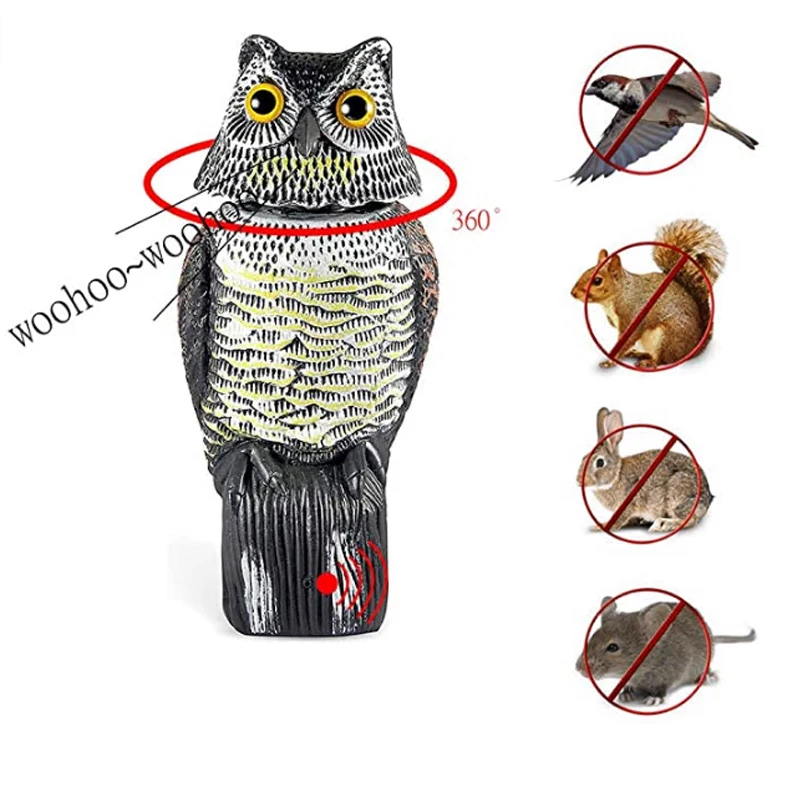 Owl Decoy 360 Rotate Head Statue Realistic Scary Sounds Shadow Fake Outdoor Pest Bird Repellent Garden Decoration | Дом и сад