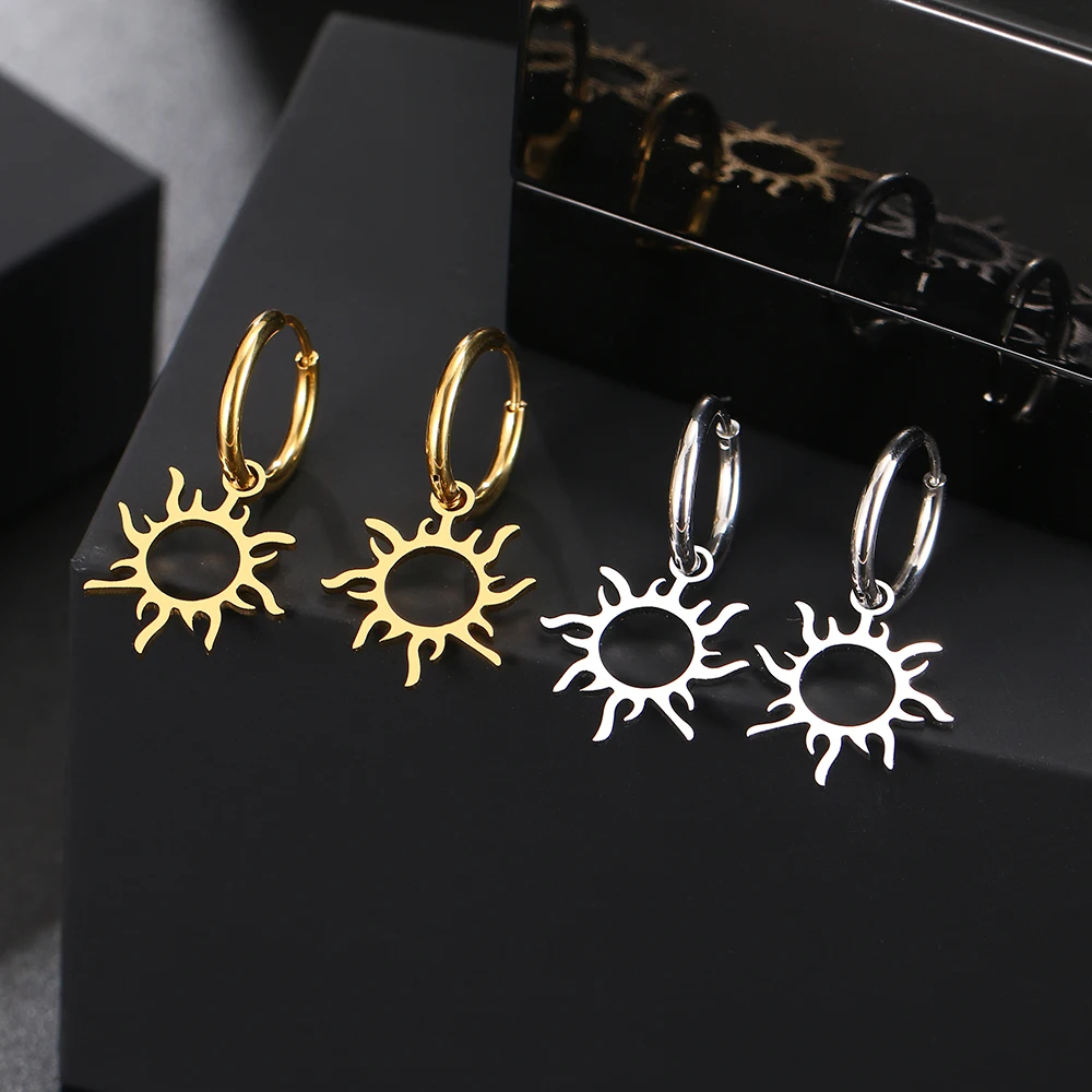 Stainless Steel Earrings New Sun Totem Plated Hoops Trend Charm Earrings - Image 6