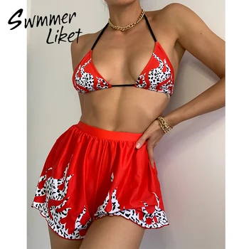 

Halter string bikini 2020 Print swimsuit women Triangle swimwear female High waist bathing suit Sexy 3 piece suit swim suit new