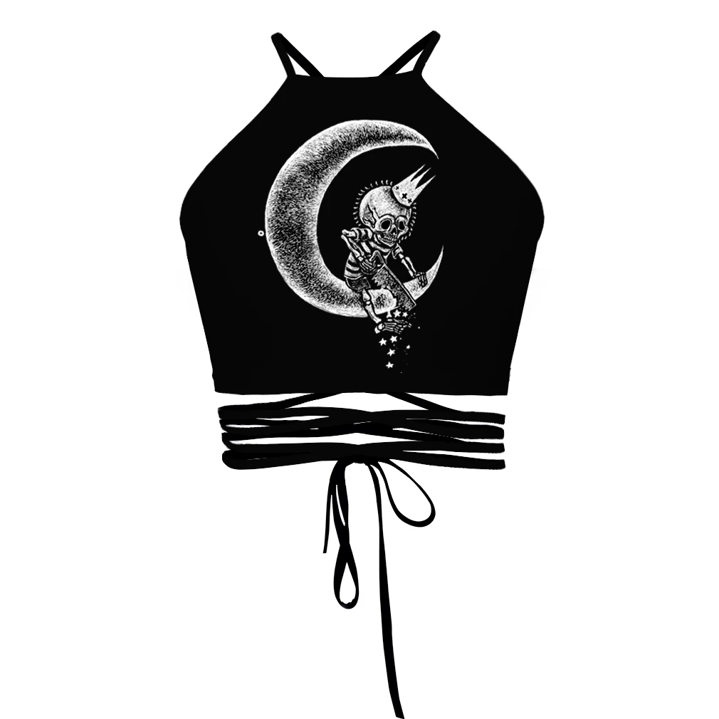 

New Creative Design Strappy Black Tank Top for Women Zombie on The Moon Print Backless Gothic Black Crop Tops Feminino