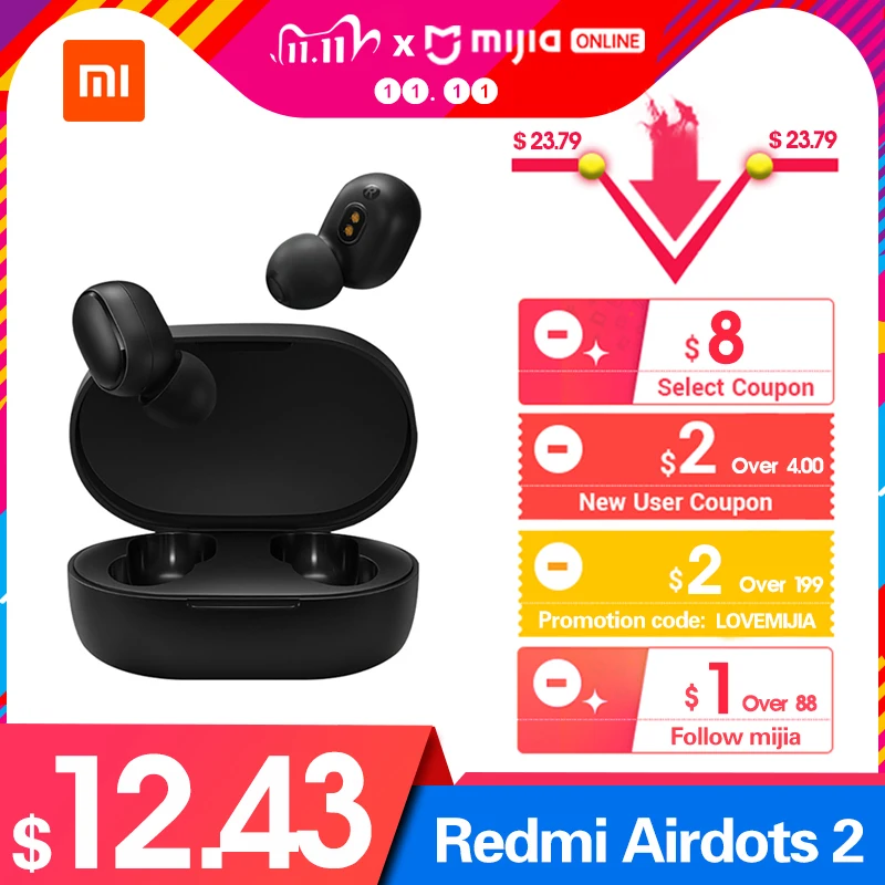 Xiaomi Redmi Airdots 2 в ухо TWS Bluetooth5.0 наушники бас стерео Беспроводная отмена с микрофоном