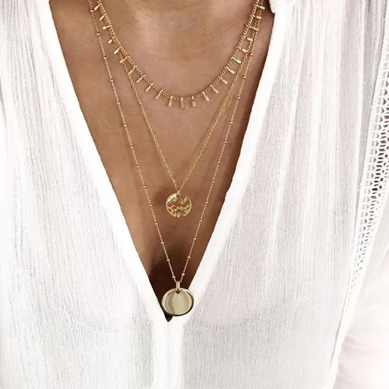 Золотого цвета колье ожерелье для женщин слоистая оболочка подвеска Звезда Луна цепь ожерелье s& Кулоны богемные чокеры модные ювелирные изделия