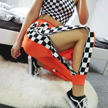 

ZOGAA 2019 Women Pant Side Checkerboard Zipper Orange Trousers Plaid Patchwork Pencil Pants Sporting Elastic Waist Sweatpants