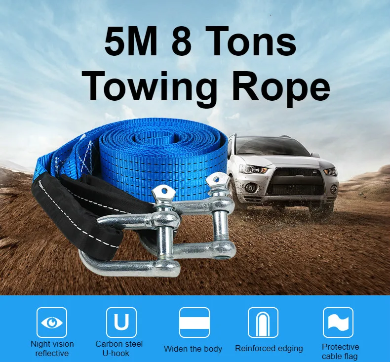 

5M 8 Tons Towing Rope Strape Cable With U Hooks Shackle High Strength Nylon With Reflective Light For Car Truck Trailer SUV