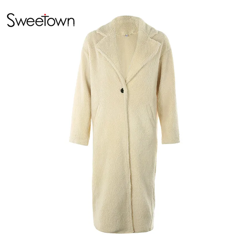 Sweetown/осенне-зимнее пальто для женщин,, повседневное, свободное, однотонное, длинное, плюшевое пальто, женские винтажные, большие размеры, толстые, искусственные меховые куртки - Цвет: white