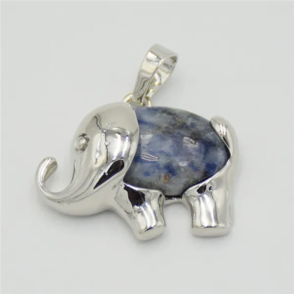 Fashion Silver Color Cute Animal Elephant Natural Stone Crystal Bead Pink Quartzs Tiger Eye Necklace Pendant for Women Men Charm - Окраска металла: Sodalite