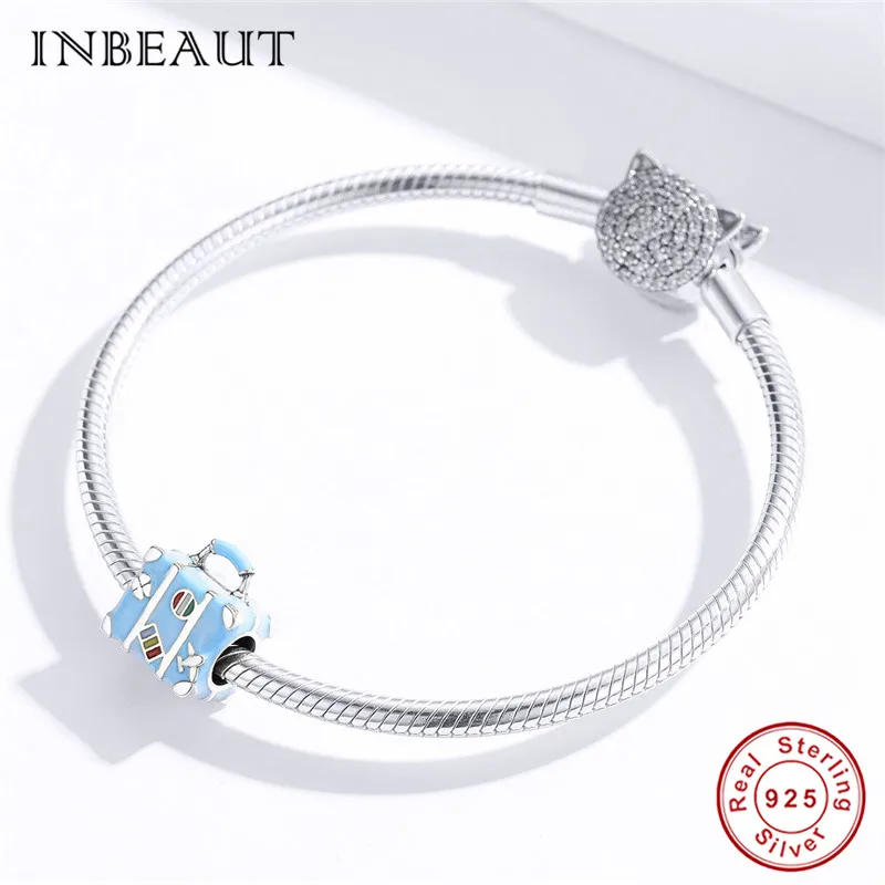 INBEAUT оригинальные синие Бусины чемодан fit Pandora браслет 925 пробы серебро эмаль чемодан коробка Путешествия багажник талисманы кулон