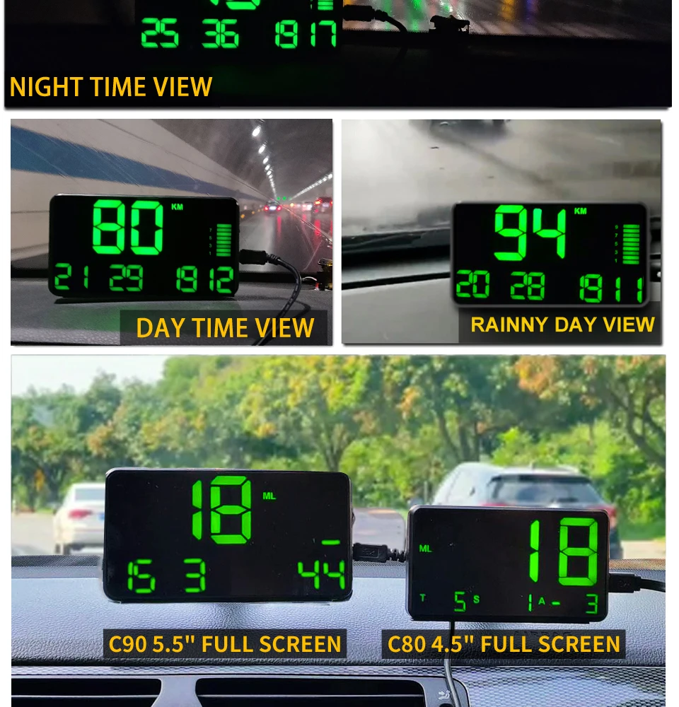 C90 скорость ometer Hud Дисплей автомобиля Hud превышение скорости сигнализация с более скоростной сигнализацией время вождения Цифровые Автомобильные часы одометр