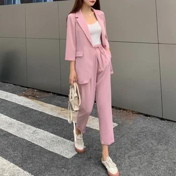 

BGTEEVER Summer Women 2 Pieces Set Casual Single Button Blazer Jacket & Elastic Waist Pant Female Blazer Pant Suit 2020