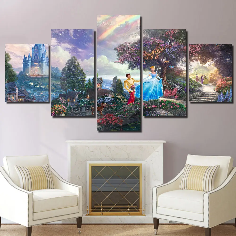 5 Panel HD print Thomas Kinkade Cinderella castle Painting Canvas Wall Art piece Picture Home Decoration Print F1129 | Дом и сад