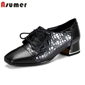 

ASUMER 2020 top quality genuine leather shoes women pumps square toe lace up spring summer single shoes woman casual shoes