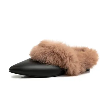 

Genuine leather women pumps winter fur dress party shoes woman thick low heels women slippers large size 34-43