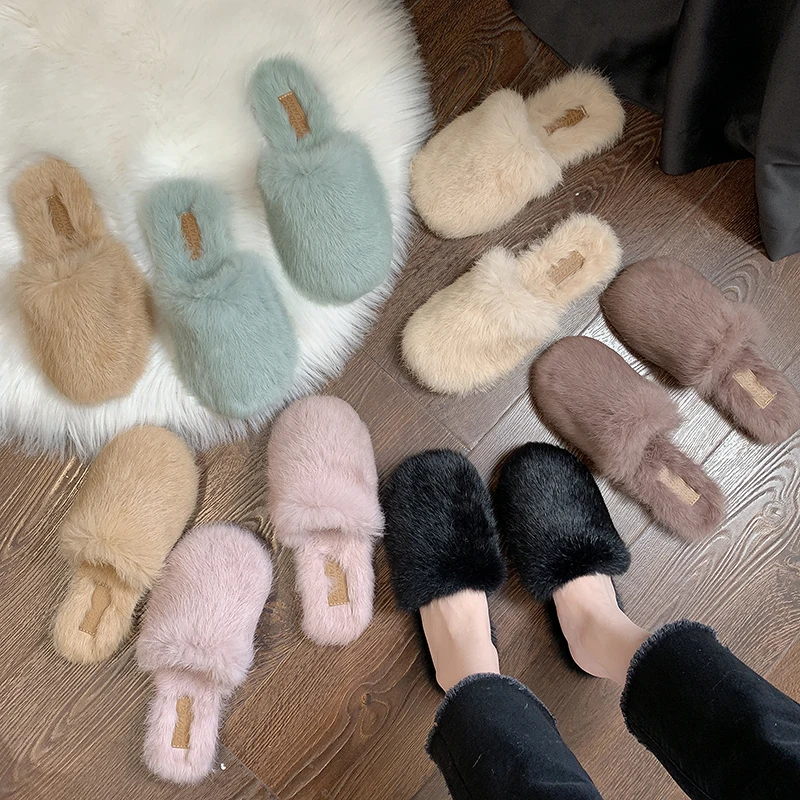 

Shoes Woman 2019 Flat Slippers Platform Loafers Flock Pokemon Plush Lady Luxury Slides Cover Toe Fur New Girl Designer Basic