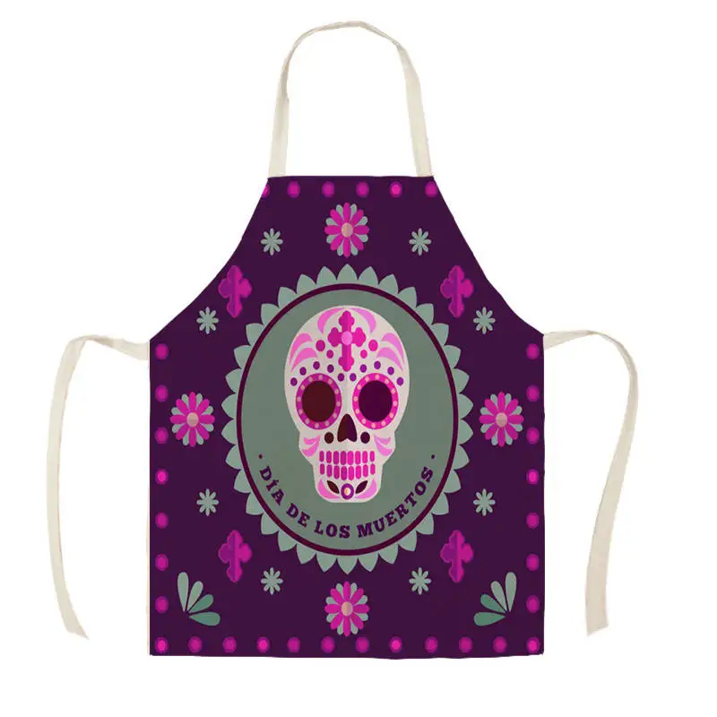 Women Kitchen Apron Cotton Linen Halloween Skull Design Sleeveless Chef Cooking Aprons Kitchen accessories WQ1698