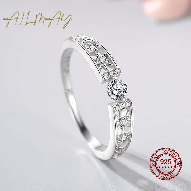 Silver rings Silver ring Wedding rings Ailmay Real 925 Sterling Silver Line Clear CZ Finger Rings Geometric Line Rings For Women Classic Wedding Statement Jewelry