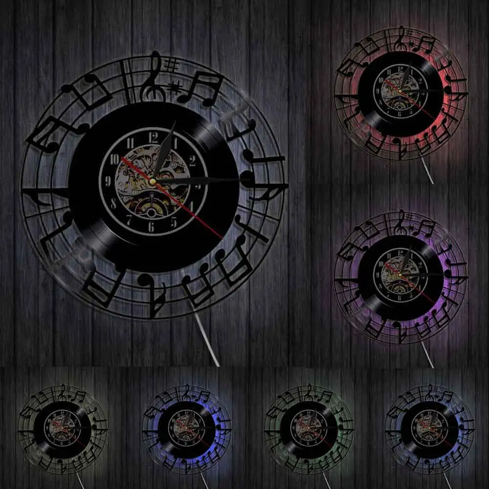 With LED Музыкальные ноты Clef музыкальная студия домашний Декор Спальня интерьерные настенные часы музыкальные значки и символы рок-н-ролл Виниловая пластинка настенные часы - Цвет: With LED