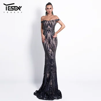

Yesexy 2020 Women Sexy Bra Off Shoulder Black Vintage Dresses Female Backless Sequin Elegant Prom Long Maxi Dress VR18691-1