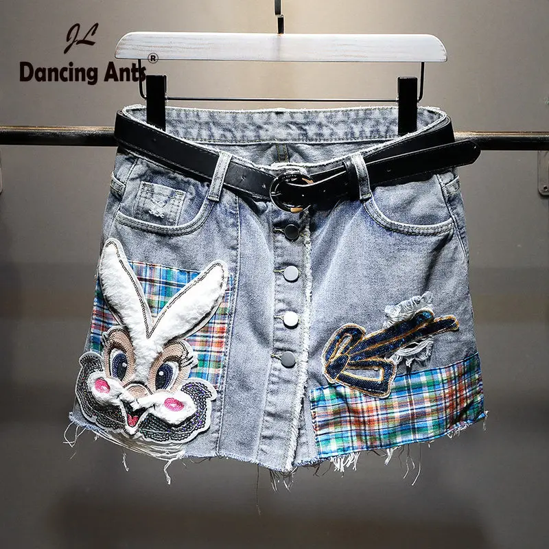 

Women Jeans Skirt Shorts Feminino Denim Cartoon Print Leg-openings Plus Size Ripped Sequins Shorts With Pockets Buttons