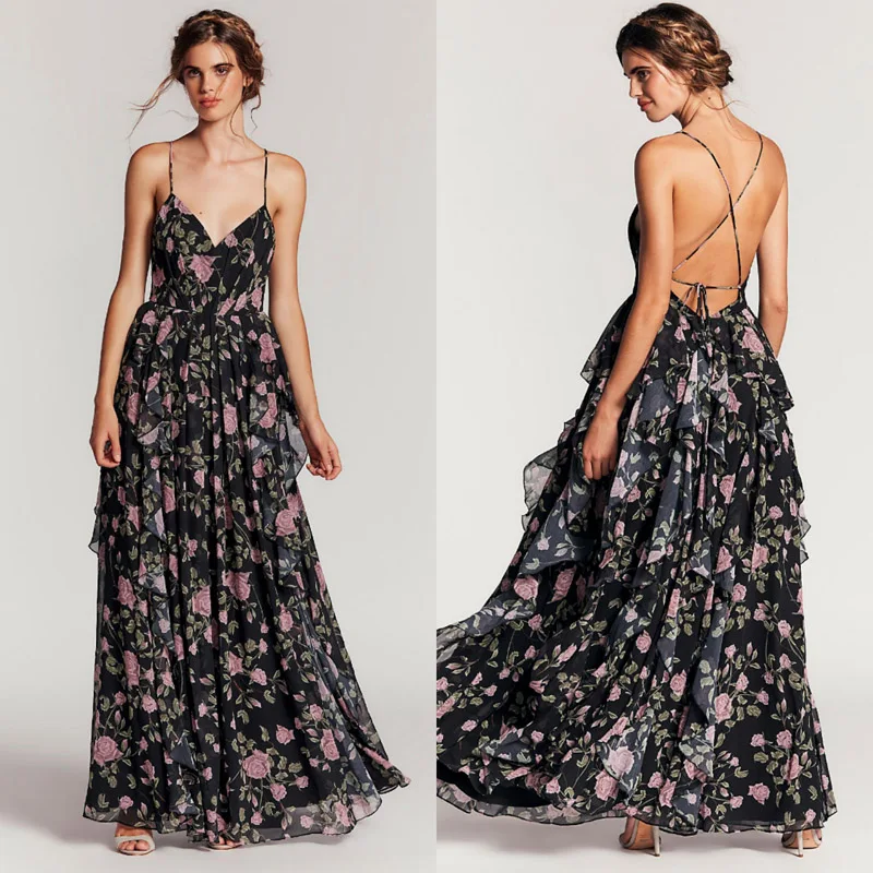 Женское платье макси с цветочным рисунком, сексуальное вечернее платье, черный принт, v-образный вырез, богемный Vestido de Fiesta, праздничный халат, MC-8316