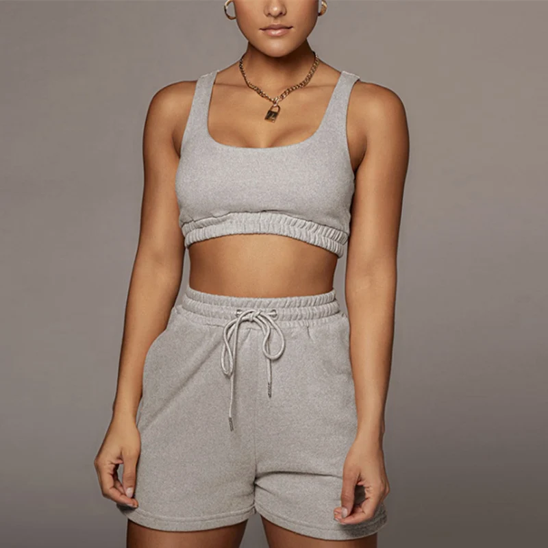 Conjunto de ropa deportiva para mujer, conjuntos de dos piezas, chándal básico informal liso, Top corto y pantalones cortos con cordón