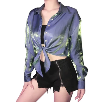 

Autumn Long Sleeve Turn-down Collar Shirt New Women Temperament Bright Silk Knotted Shirt Solid Casual Women Crop Top