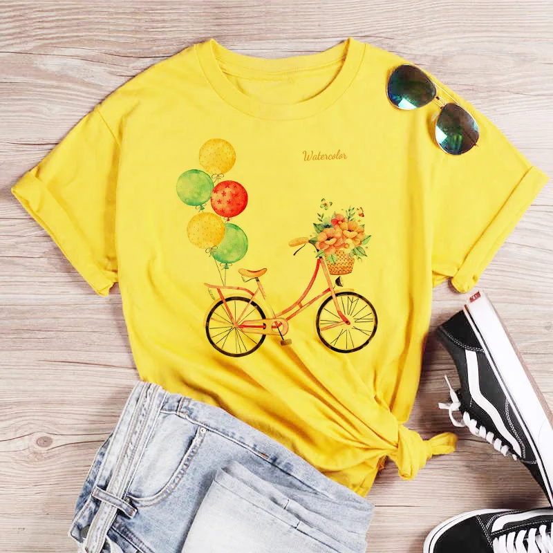 Pink T Shirt Women Beautiful Scenery Bicycle Vogue Casual Tshirt Harajuku Korean Style Graphic Tops Kawaii Short Sleeve T-shirt