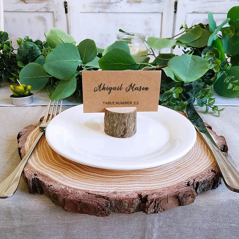 20 Pieces Rustic Style Wooden Card Box Round Table Digital Bracket Wood Note Memo Clip Card Photo Holder Clip Folder and Kraft P