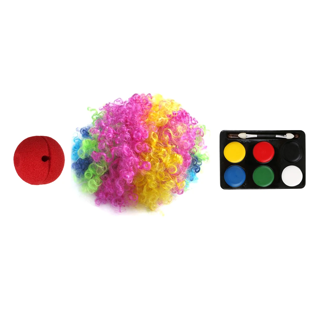 Clown Joker Jester Costume Set Colorful Wig + Red Nose + Face Makeup Paints