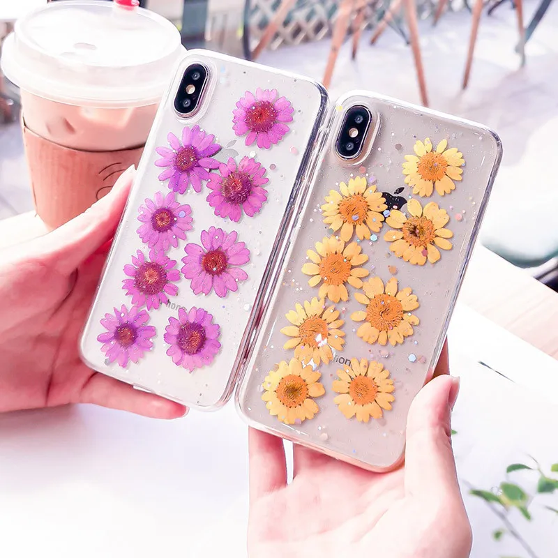 Чехол для телефона с настоящими цветами и сушеными цветами для iPhone X, XS, XR, XS, Max, 6, 6 S, 7, 8 Plus, прозрачная блестящая красивая мягкая задняя крышка из ТПУ