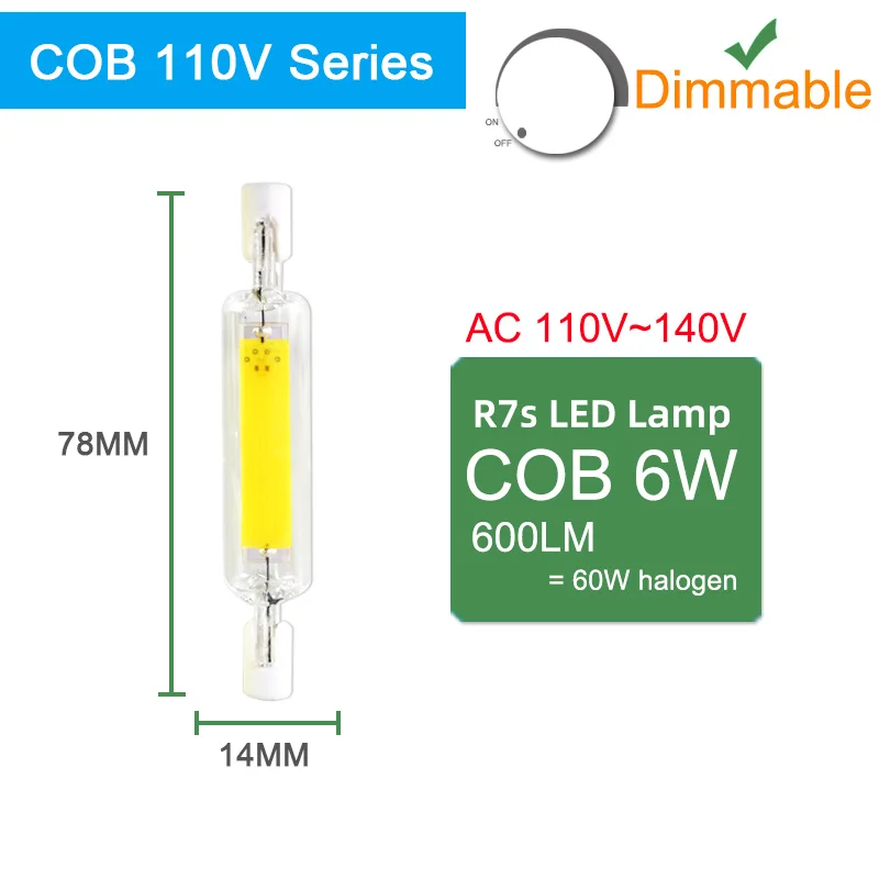 Kaguyahime СВЕТОДИОДНЫЙ R7S 78 мм 118 мм диммируемая лампа 6 Вт 9 Вт 15 Вт Светодиодный светильник переменного тока 220 в 240 В COB лампа для замены галогенной лампы Светодиодный точечный светильник - Испускаемый цвет: COB 78mm 110V Dim