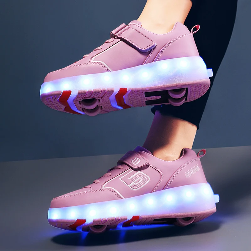 Roller Sneakers 4 Wheels Children Kids Girls Boys Babys 2021 Gift Fashion Sports Casual Led Light Flashing Running Skate Shoes 4