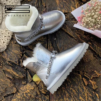 

SHUANGGUN Sheepskin women's boots winter snow boots sheepskin leather crystal metal chain short boots