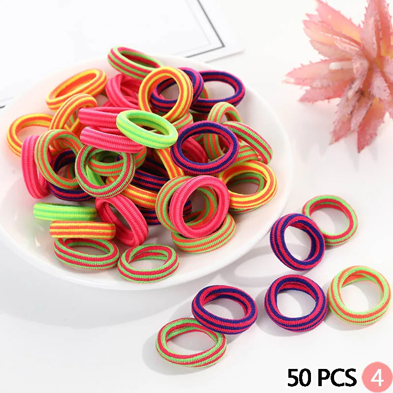50 PCS 4 50 шт./лот, эластичные резиновые трикотажные резинки для волос для девочек, веревки для волос, классические цветные детские конский хвост, головные уборы, резинки для волос, аксессуары для волос - Окраска металла: 50 PCS 4