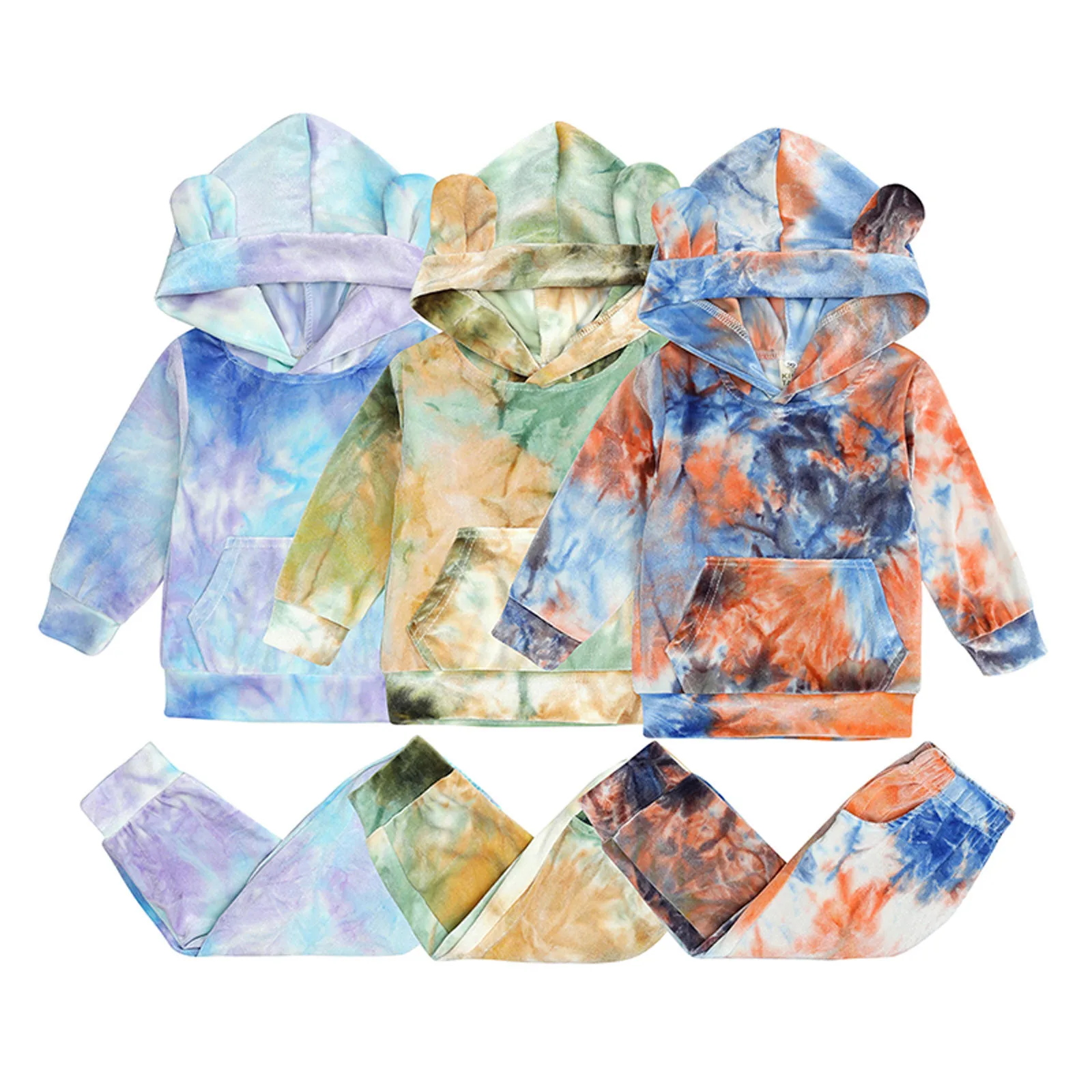 

6-24Months Autumn and winter long sleeves Newborn Infant Baby Boys Girls Tie-Dye Hooded Winter Sweatshirt+Pants Outfits warm M5