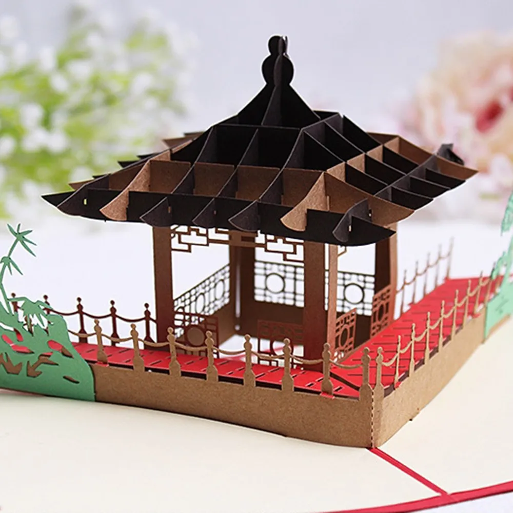  1Pc Hollow Design Retro 3D Greeting Card Handmade China Suzhou Garden Pavilion Pattern Up Card Part - 4000259117039