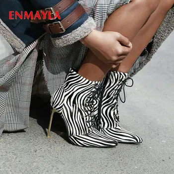 

ENMAYLA 2019 Zebra Grain Basic PU Ankle Boots for Women Lace-Up Women Boots Pointed Toe Thin Heels Luxury Shoes Women Designers