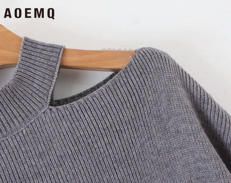 AOEMQ, модные однотонные свитера, без бретелек, на плече, сексуальная Офисная Женская одежда, зимние свитера с рукавом-фонариком, осенние свитера, одежда