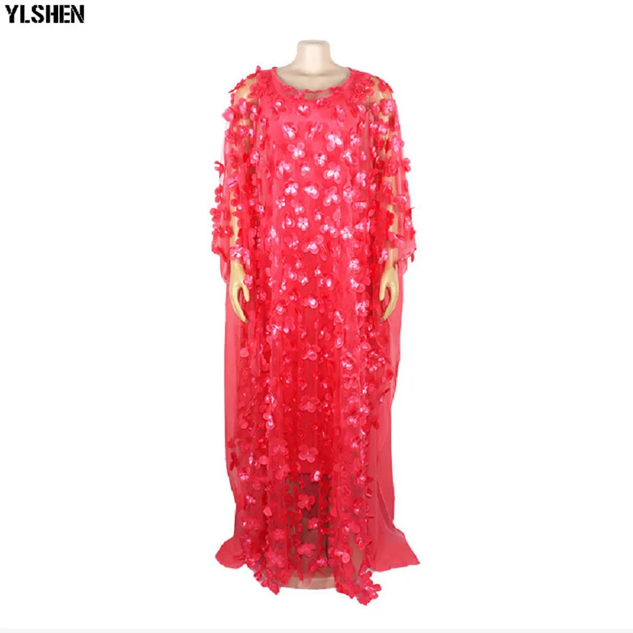 Новые африканские платья для женщин Дашики кружева цветок африканская одежда Базен кафтан бубоу халат Африканский платье вышивка длинное платье - Цвет: Red