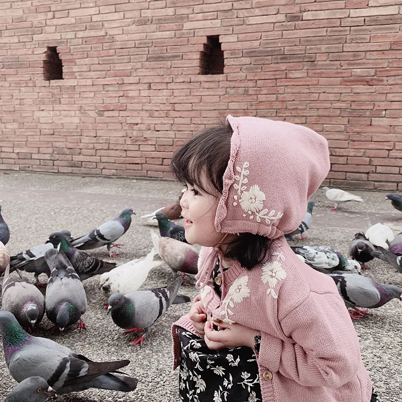 Корейский стиль, Осенний милый свитер с цветочной вышивкой для девочек, кардиган с шапочкой, Детские хлопковые вязаные однобортные свитера