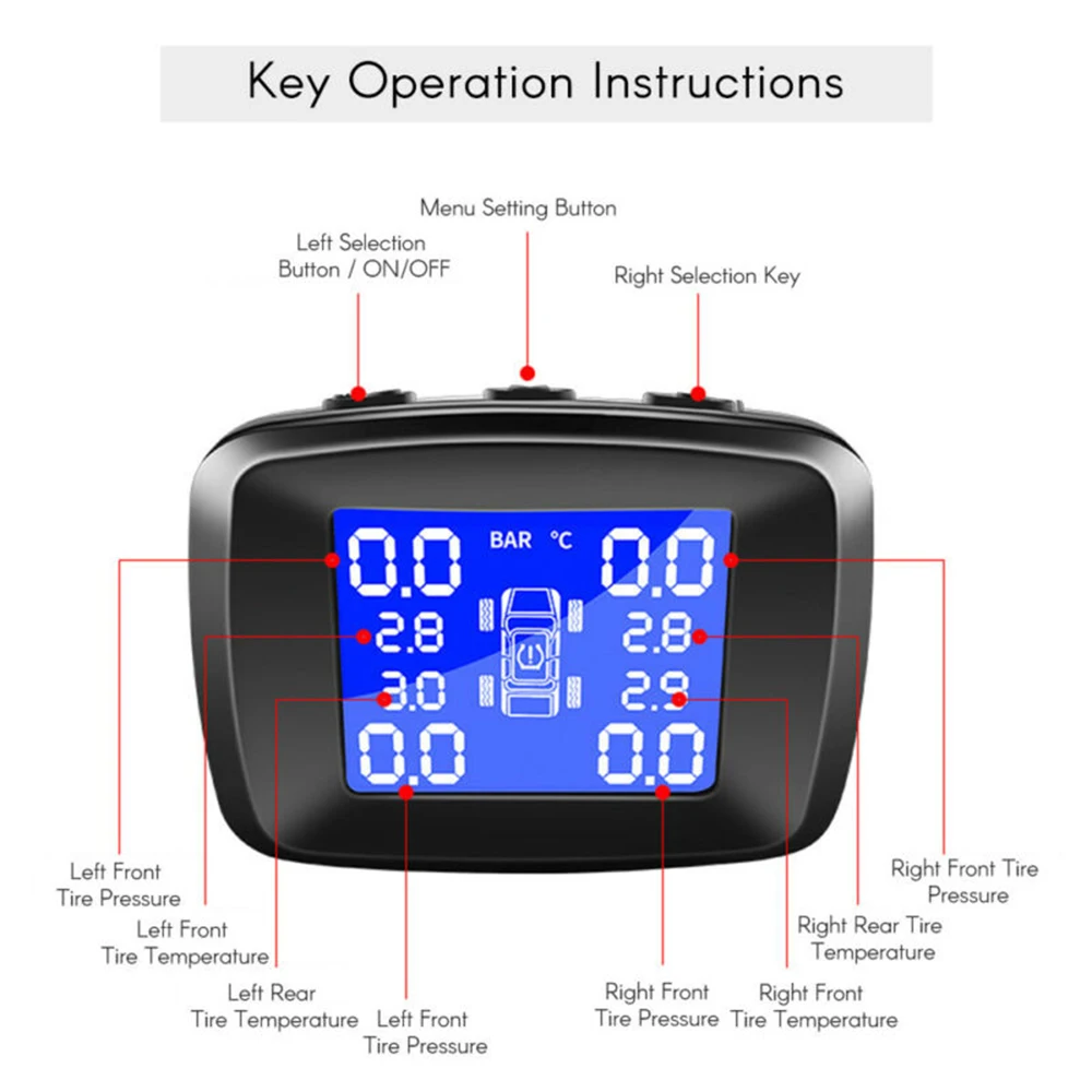 

Tyre Tire Pressure Monitoring System LCD Display 4 External Sensors Wireless